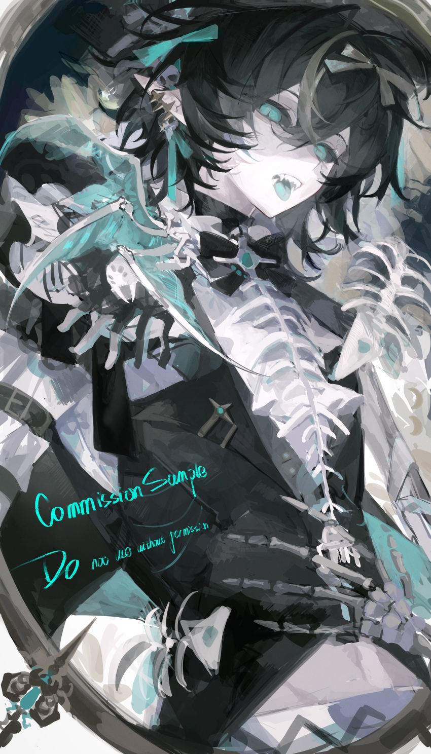 1boy absurdres aqua_bow aqua_eyes aqua_tongue black_bow black_bowtie black_hair black_sclera bow bowtie brown_bow clothing_cutout colored_sclera commission cowboy_shot ear_piercing eyelashes fang fish_skeleton hair_between_eyes hair_bow highres liangzhi_mian_gou looking_at_viewer male_focus medium_hair mihuashi_commission multicolored_hair navel navel_cutout open_mouth original pale_skin piercing pointy_ears sample_watermark sidelocks skeleton solo streaked_hair teeth tongue tongue_out watermark