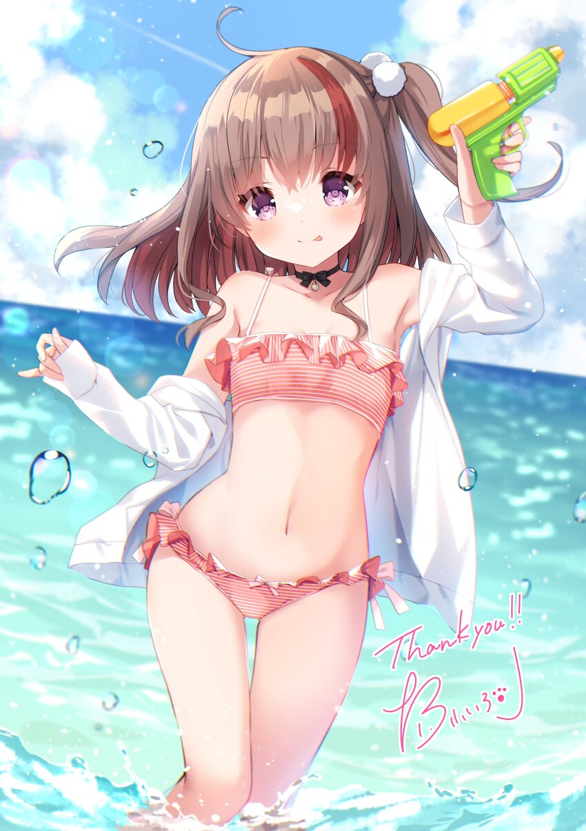 1girl absurdres bare_shoulders bikini blue_sky brown_hair cloud cloudy_sky commission flat_chest highres holding holding_water_gun indie_virtual_youtuber irori jacket long_hair long_sleeves multicolored_hair nagisa_(vtuber) navel off_shoulder open_clothes open_jacket pink_bikini purple_eyes second-party_source side_ponytail sky solo streaked_hair striped_bikini striped_clothes swimsuit virtual_youtuber water_drop water_gun white_jacket