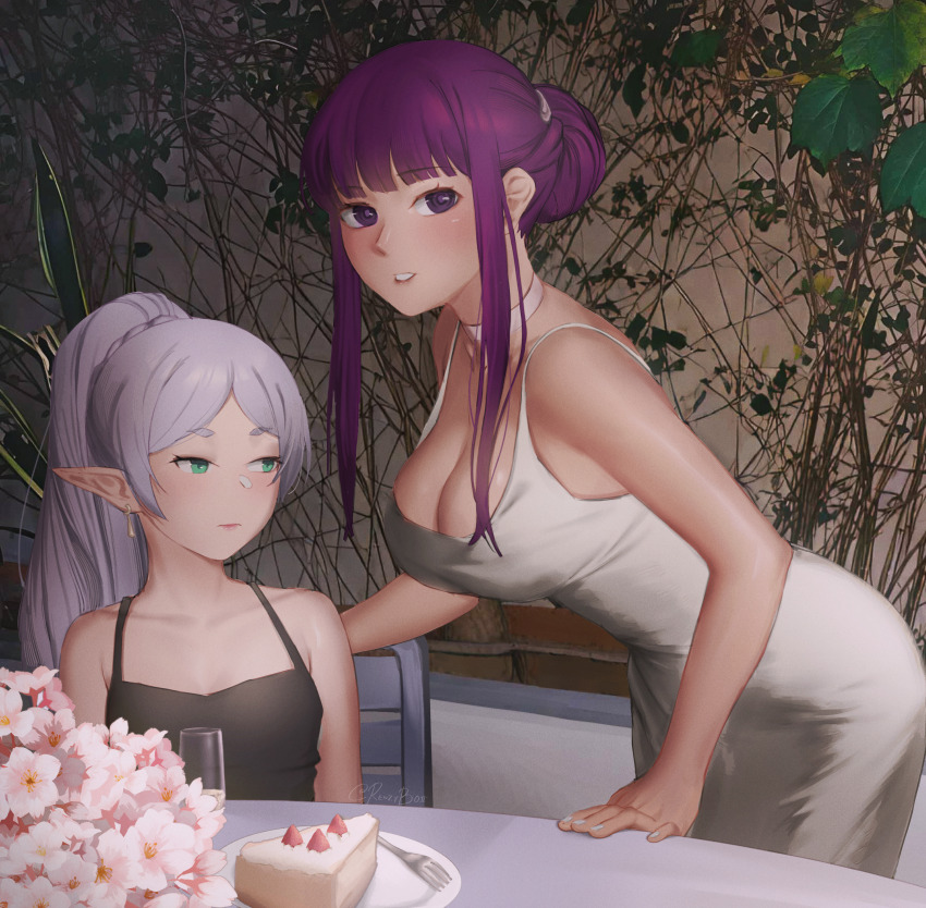 2girls absurdres black_dress breast_envy breasts cake cake_slice choker cleavage closed_mouth collarbone commentary dress earrings elf english_commentary fern_(sousou_no_frieren) flower food fork frieren hair_bun high_ponytail highres jewelry large_breasts leaf long_hair looking_at_another looking_at_breasts looking_at_viewer mark_renz_purio meme multiple_girls parted_lips pink_flower plant pointy_ears ponytail purple_hair sidelocks sitting sousou_no_frieren table very_long_hair white_choker white_dress white_hair