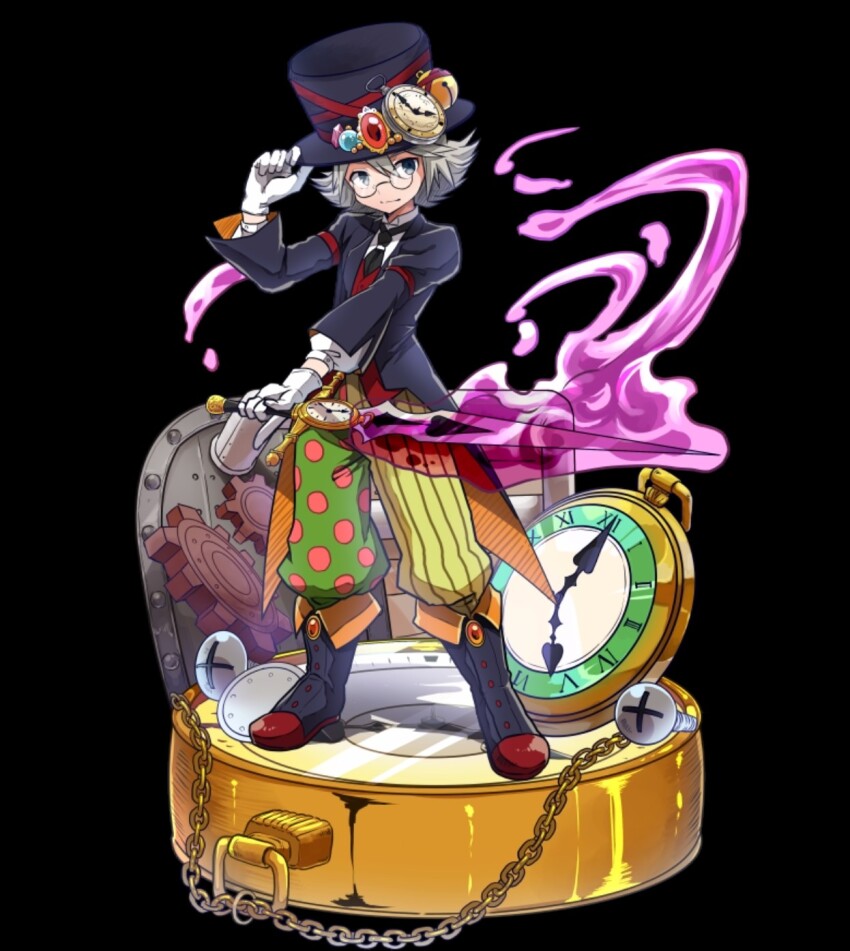 1boy black_background black_boots black_hat black_jacket black_necktie boots chain clock closed_mouth collared_shirt fire flaming_sword flaming_weapon flipped_hair full_body gears glasses gloves grey_eyes grey_hair hand_on_own_hat hat highres holding holding_weapon jacket long_sleeves merc_storia merc_storia_art_team necktie odiel_(merc_storia) official_art pants pocket_watch polka_dot purple_fire red_vest screw shirt simple_background solo standing striped_clothes striped_pants sword tachi-e top_hat vest watch weapon white_gloves white_hair white_shirt
