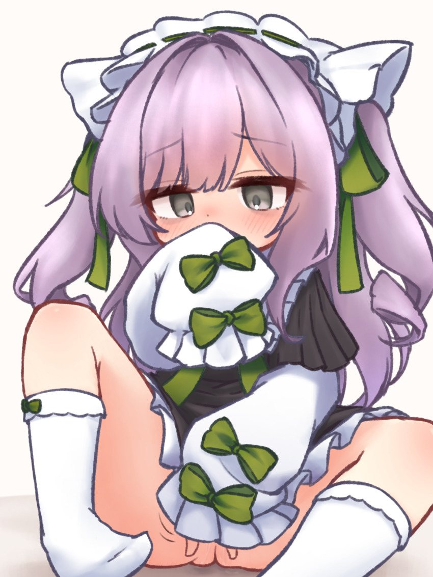 1girl absurdres azur_lane black_dress blush bow commentary_request covering_own_mouth dress green_bow green_ribbon grey_eyes hair_ribbon highres kneehighs long_hair long_sleeves looking_at_viewer no_shoes purple_hair ribbon shoboimu sleeves_past_fingers sleeves_past_wrists socks solo spread_legs two_side_up vittorio_cuniberti_(azur_lane) white_socks
