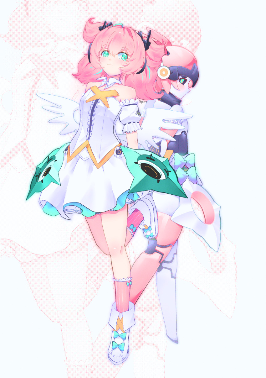 2girls absurdres ahoge aqua_skirt aqua_streaks back-to-back bare_shoulders black_sclera bow colored_sclera commentary detached_sleeves dual_persona english_commentary frilled_sleeves frills full_body green_bow green_eyes highres humanoid_robot looking_back mechanical_ears miniskirt multiple_girls pink_hair pink_socks poikra puffy_short_sleeves puffy_sleeves quad_tails ribbed_socks robot robot_girl shirt shoes short_sleeves skirt skirt_set sleeveless sleeveless_shirt socks speaker standing standing_on_one_leg too_many_bows twitter_username white_shirt white_shoes white_skirt yutane_johiel zenless_zone_zero