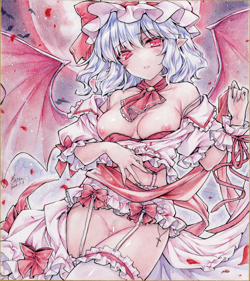 1girl absurdres aged_up ascot bar_censor bat_(animal) bat_wings blue_hair blush bra bra_pull breasts censored clothes_down clothes_pull collarbone colored_pencil_(medium) commentary_request commission cowboy_shot cross dated falling_petals female_pubic_hair fingernails full_moon garter_belt hat hat_ribbon highres large_breasts lingerie long_fingernails looking_at_viewer medium_hair mob_cap monety moon navel nipples pencil petals pink_hat pink_shirt pointy_ears pubic_hair red_ascot red_bra red_eyes red_moon red_petals remilia_scarlet ribbon shirt signature solo thighhighs touhou traditional_media underwear white_thighhighs wings wrist_cuffs
