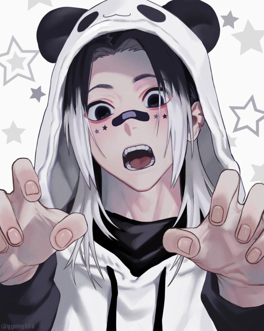 1boy animal_costume bandaid bandaid_on_face bandaid_on_nose black_eyes black_hair blue_lock commentary_request fingernails gagamaru_gin gyuing666 highres hood hood_up hoodie long_hair looking_at_viewer male_focus multicolored_hair open_mouth panda_costume paw_pose simple_background solo teeth tongue two-tone_hair white_background white_hair