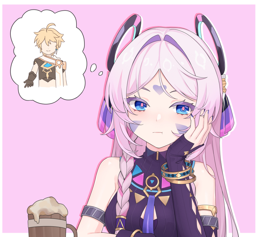 1boy 1girl absurdres aether_(genshin_impact) ahoge alcohol bare_shoulders blonde_hair blue_eyes blush braid breasts brown_gloves citlali_(genshin_impact) commentary_request detached_sleeves dmwd233 earrings facial_tattoo genshin_impact gloves highres jewelry long_hair medium_breasts pink_hair pout single_earring speech_bubble tattoo thought_bubble twin_braids
