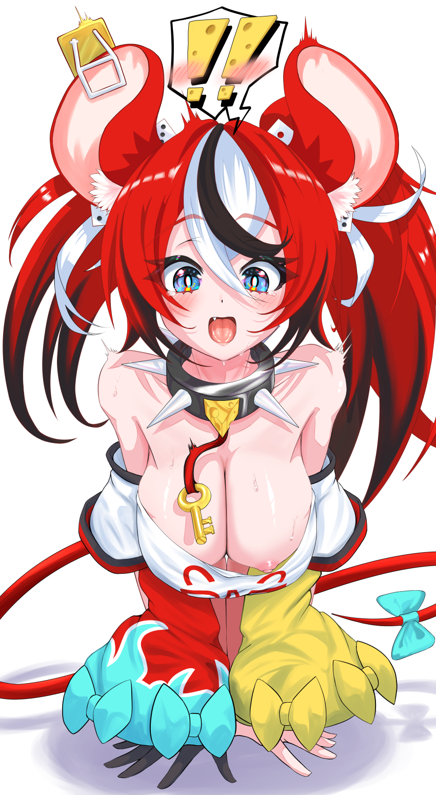 ! 1girl absurdres animal_ears asymmetrical_sleeves bare_shoulders black_hair blue_eyes blush bow breasts cheese collar dice_hair_ornament downblouse fang food hair_ornament hakos_baelz hakos_baelz_(1st_costume) hanging_breasts highres hololive hololive_english jewelry key key_necklace large_breasts mismatched_sleeves mouse_ears mouse_girl mouse_tail mousetrap multicolored_hair multicolored_skirt necklace nipples no_bra open_mouth pandora_box9 red_hair simple_background skirt spiked_collar spikes spoken_exclamation_mark streaked_hair surprised sweat tail tail_bow tail_ornament tongue twintails virtual_youtuber white_background white_hair