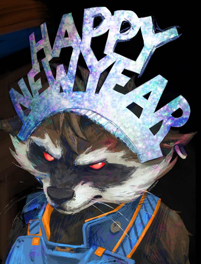 1boy animal_ears armor black_fur blue_armor brown_background brown_fur commentary earrings english_commentary english_text furry furry_male guardians_of_the_galaxy happy_new_year headband highres hoop_earrings jewelry male_focus marvel marvel_rivals new_year raccoon_boy raccoon_ears red_eyes rocket_raccoon silver_earrings single_earring solo tthexina unamused upper_body whiskers white_fur white_headband