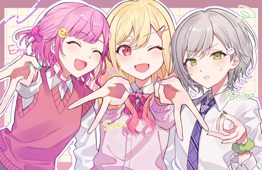 3girls :d ^_^ blonde_hair blue_nails bow bowtie cardigan character_name closed_eyes collared_shirt commentary_request dated_commentary double-parted_bangs emoji_hair_ornament fingernails gradient_hair green_eyes green_nails green_scrunchie grey_hair grey_nails grid_background gyaru gyaru_v hair_ornament hair_scrunchie hairclip hinomori_shiho kikutouji kogal long_sleeves multicolored_hair multiple_girls nail_art nail_polish necktie ok_sign one_eye_closed ootori_emu open_mouth outline outstretched_arm outstretched_arms parted_bangs pink_bow pink_bowtie pink_cardigan pink_hair pink_scrunchie pink_sweater_vest plaid_bow plaid_bowtie plaid_clothes plaid_necktie project_sekai purple_nails purple_necktie purple_outline rabbit_hair_ornament red_eyes school_uniform scrunchie shirt short_hair small_sweatdrop smile squiggle sweater_vest tenma_saki v v-neck white_mouth white_shirt wing_collar wrist_scrunchie x_hair_ornament yellow_scrunchie
