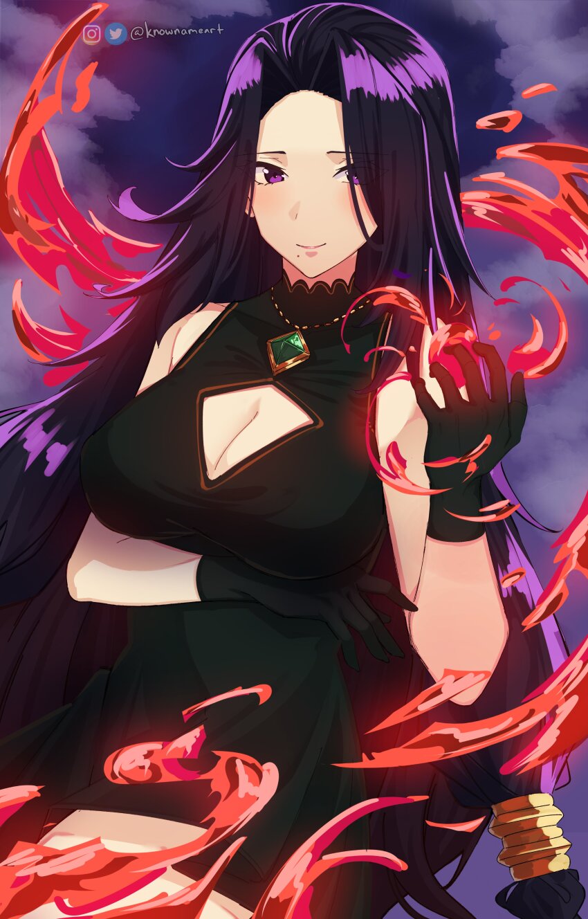 1girl absurdres arm_under_breasts artist_name aurora_(kagejitsu) bare_shoulders breasts chain chain_necklace cleavage cleavage_cutout closed_mouth clothing_cutout cloud cloudy_sky commentary dress fire gem gloves green_dress green_gemstone green_gloves hair_tubes hand_up highres instagram_logo instagram_username jewelry kage_no_jitsuryokusha_ni_naritakute! knowname large_breasts light_blush long_hair looking_at_viewer metal_hair_tubes mole mole_under_mouth necklace purple_eyes purple_hair pyrokinesis sky sleeveless sleeveless_dress smile solo turtleneck turtleneck_dress twitter_logo twitter_username upper_body