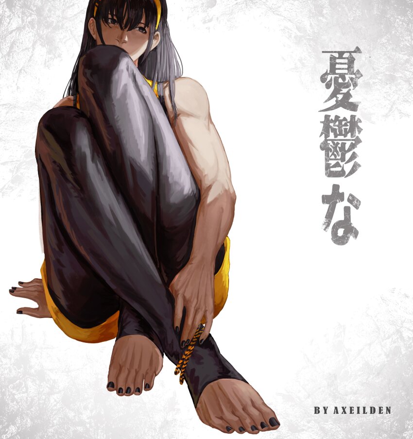 1girl absurdres arm_support artist_name axeilden black_hair black_nails commentary english_commentary full_body hairband highres knees_up ling_xiaoyu sitting solo stirrup_legwear tekken toeless_legwear