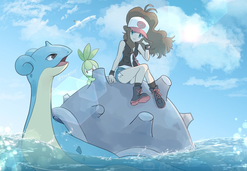 1girl absurdres afloat bare_legs baseball_cap black_footwear blue_eyes blue_sky boots brown_hair closed_mouth cloud commentary_request cross-laced_footwear dot_nose full_body gen_1_pokemon gen_3_pokemon gen_5_pokemon hat high_ponytail highres hilda_(pokemon) horns lapras lens_flare long_hair looking_at_another looking_at_viewer nintendo open_mouth outdoors petilil poke_ball_print pokemon pokemon_(creature) pokemon_bw ponytail print_headwear shell single_horn sitting sky smile snow_(ffgf7255) tareme water white_hat wingull