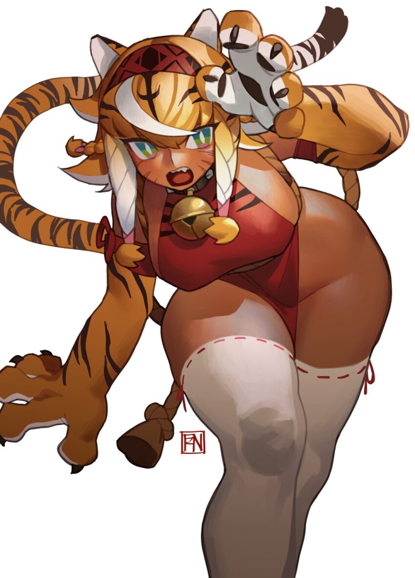 1girl animal_ears animal_hands bell bottomless braid braided_bangs breasts commentary dark-skinned_female dark_skin garu_(poch4n) headband highres large_breasts multicolored_fur multiple_braids neck_bell orange_fur original poch4n red_headband rope striped_fur striped_hair striped_tail symbol-only_commentary tail thighhighs tiger_ears tiger_girl tiger_paws tiger_stripes tiger_tail
