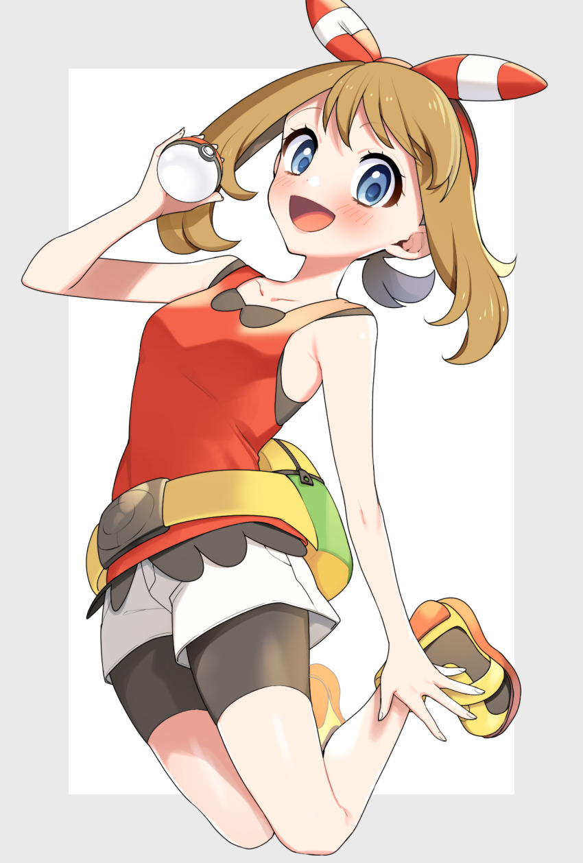 1girl :d bike_shorts bike_shorts_under_shorts blue_eyes blush bow_hairband brown_hair collarbone commentary_request eyelashes full_body hairband hand_up happy highres holding holding_poke_ball looking_at_viewer may_(pokemon) medium_hair nintendo open_mouth poke_ball poke_ball_(basic) pokemon pokemon_oras red_hairband red_shirt shirt shoes shorts sleeveless sleeveless_shirt smile solo white_shorts yellow_shoes yuihico