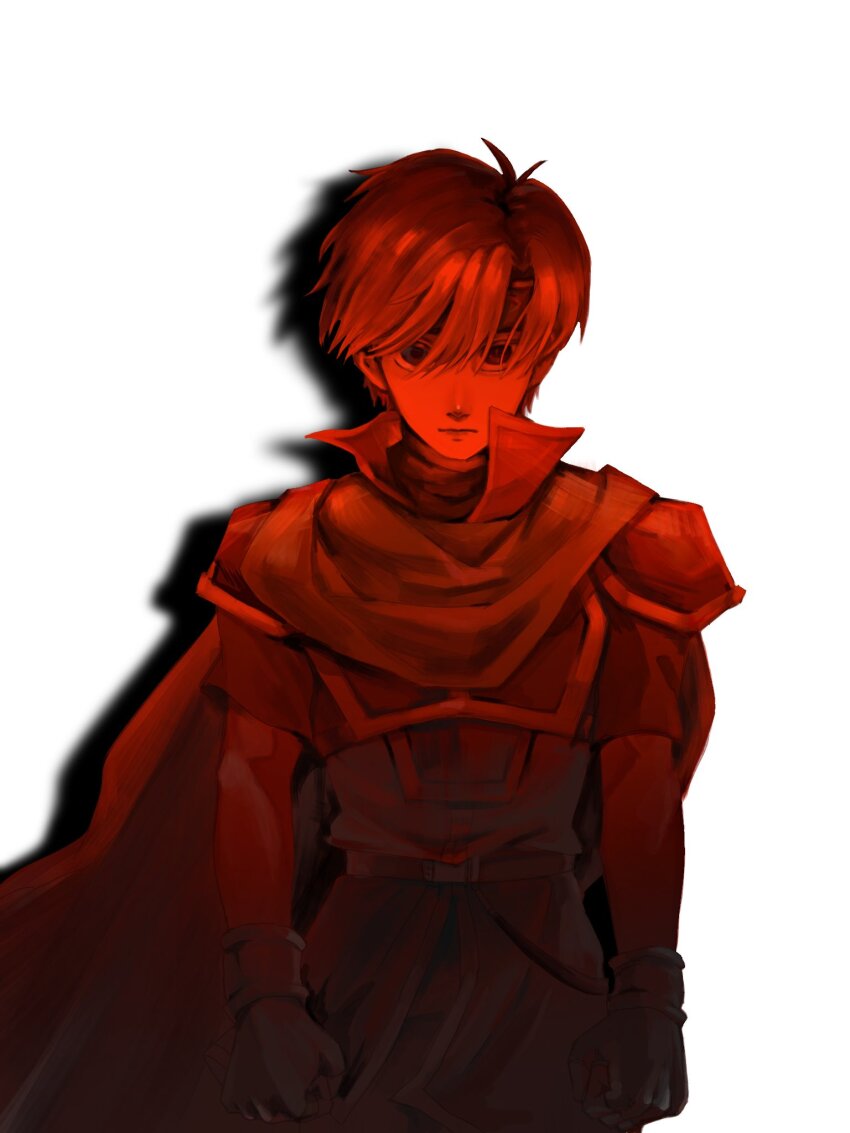 1boy armor belt cape clenched_hands closed_mouth commentary_request expressionless fingerless_gloves fire_emblem fire_emblem:_the_binding_blade gloves hair_between_eyes headband high_collar highres lollaimi_(lolla_l15) looking_at_viewer male_focus monochrome nintendo red_theme roy_(fire_emblem) short_hair simple_background solo white_background