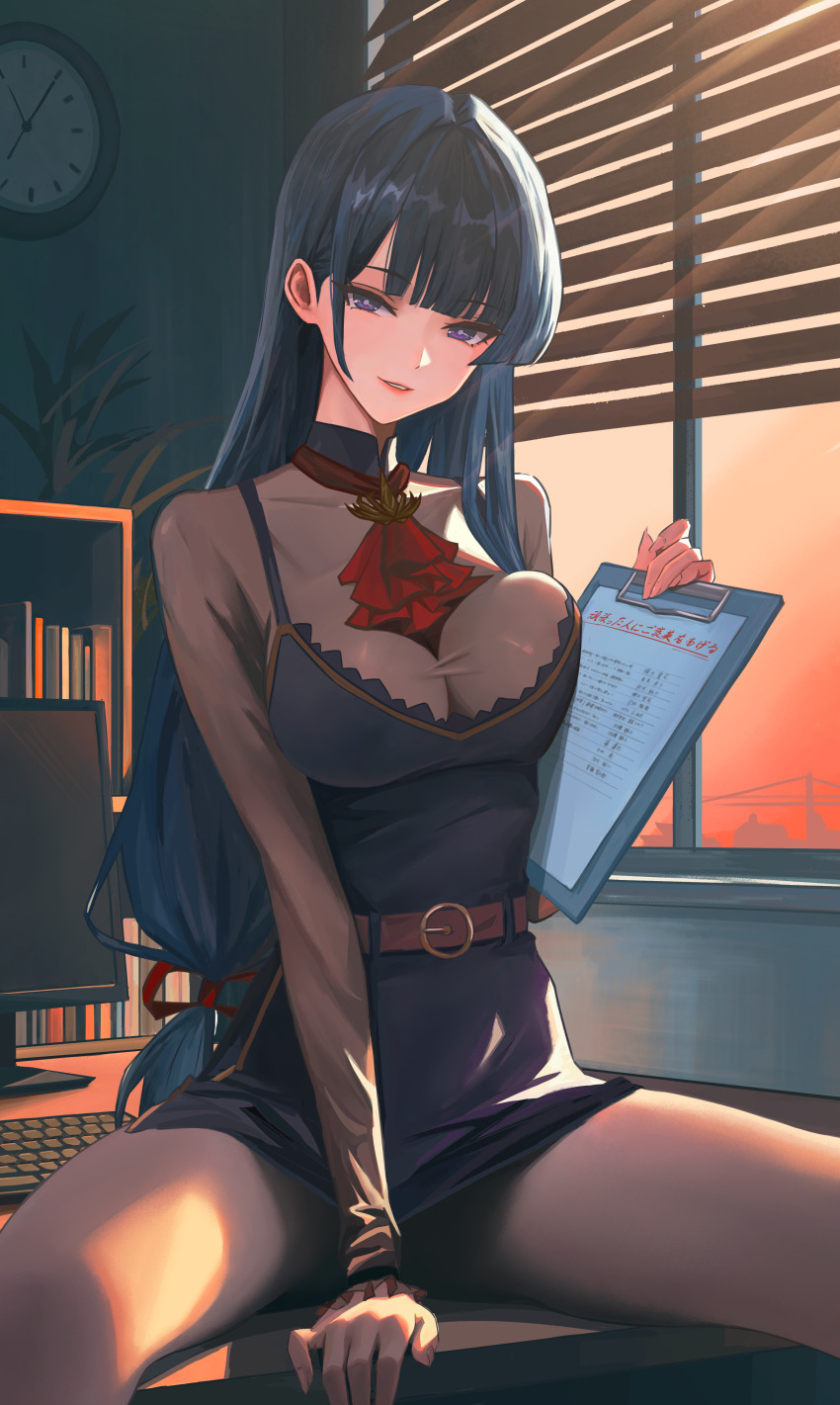 1girl absurdres analog_clock ascot belt between_legs black_shirt blunt_bangs bookshelf breast_press breasts bridge brown_belt clipboard clock collared_shirt computer_keyboard hair_ribbon hand_between_legs highres holding holding_clipboard large_breasts long_hair looking_at_viewer low-tied_long_hair monica_(qingli_ye) monitor original purple_eyes qingli_ye red_ascot red_ribbon ribbon see-through_cleavage see-through_clothes see-through_shirt shirt sidelocks sitting sitting_on_table sleeves_past_wrists smile solo spread_legs suspension_bridge very_long_hair window window_blinds