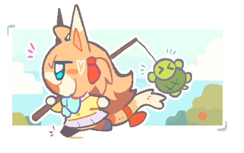 >_< :3 :d ahchive_be ahoge animal_crossing_(style) aqua_bow aqua_bowtie black_socks blue_eyes blue_skirt blue_sky blush_stickers border bow bowtie cardigan cat_girl chibi chibi_only cloud fishing_rod from_side full_body furrification furry hair_ornament hair_ribbon hashtag-only_commentary heart heart_hair_ornament highres holding holding_fishing_rod jaggy_lines jitome long_hair miniskirt neuro-sama notice_lines open_mouth outdoors outline outside_border pleated_skirt red_bow red_ribbon ribbon running skirt sky smile socks tail tail_bow tail_ornament tree turtle two_side_up v-shaped_eyebrows vedal987 vedal_ai very_long_hair white_border white_outline yellow_cardigan