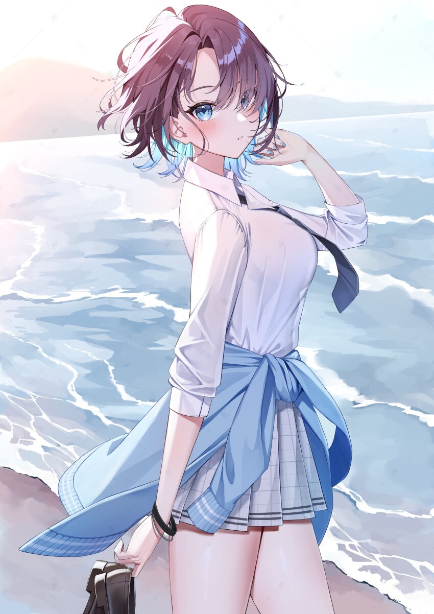 1girl absurdres asakura_toru beach blue_eyes blue_hair blue_necktie blush bracelet breasts clothes_around_waist collared_shirt colored_inner_hair commentary_request commission cowboy_shot from_side gawawawa hand_up highres holding holding_shoes holding_unworn_clothes idolmaster idolmaster_shiny_colors jewelry large_breasts looking_at_viewer miniskirt multicolored_hair necktie ocean parted_bangs parted_lips pleated_skirt purple_hair shirt shoes short_hair skeb_commission skirt solo unworn_shoes white_shirt white_skirt