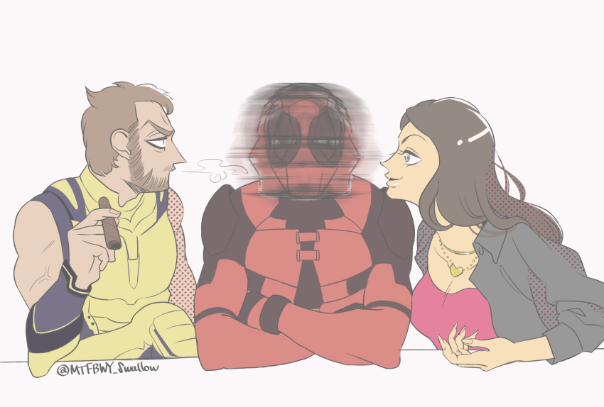 1girl 2boys a-very-merry-unbirthday-to-you animification annoyed beard bisexual_male bodysuit breasts brown_hair cigar commentary_request confused couple crossed_arms deadpool deadpool_&amp;_wolverine deadpool_(series) elbows_on_table facial_hair frown gloves highres holding holding_cigar jewelry long_hair looking_around looking_at_another marvel mask multicolored_bodysuit multiple_boys muscular muscular_male necklace parody red_mask sandwiched shirt short_hair simple_background smile smoking superhero_costume the_weaker_sex_1_(gibson) turning_head two-tone_bodysuit upper_body vanessa_carlysle veins veiny_arms wolverine_(x-men) x-men