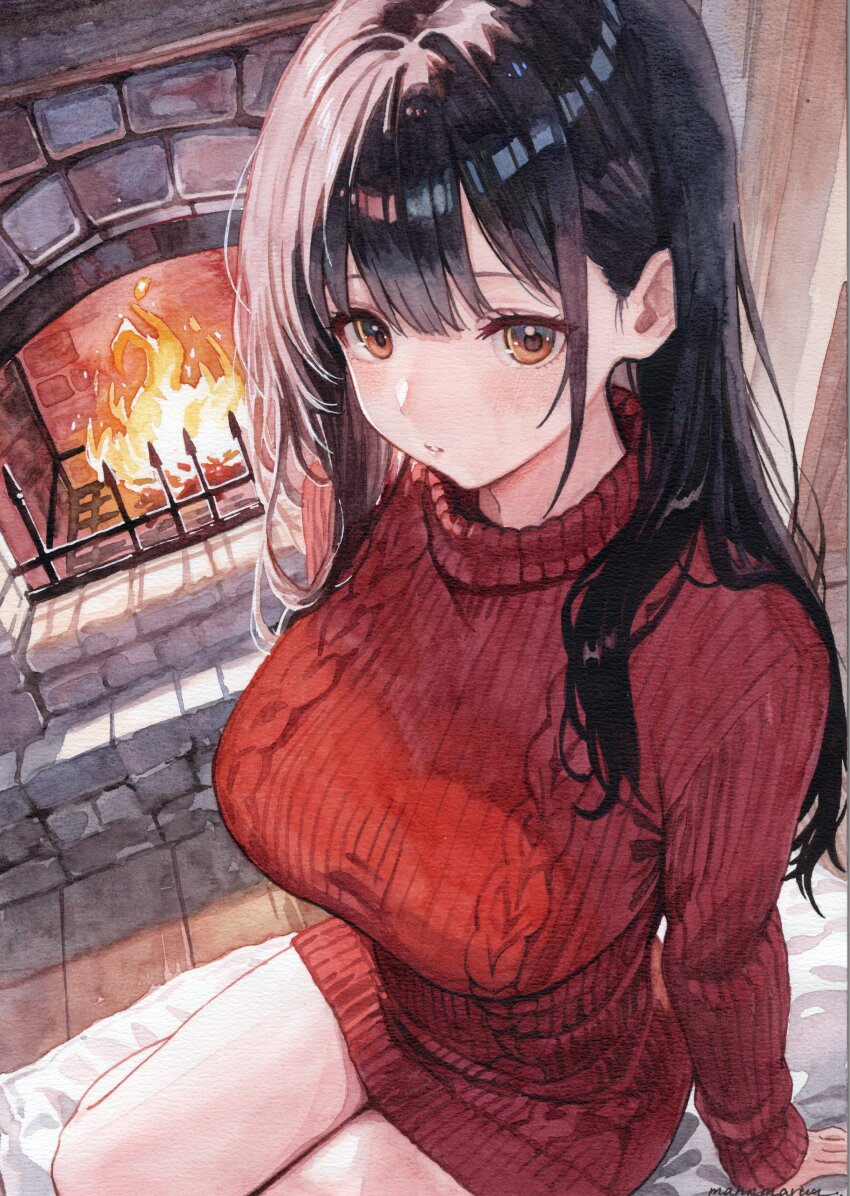 1girl absurdres black_hair breasts brown_eyes dress fireplace highres hime_cut large_breasts long_hair mannmaruu on_floor original painting_(medium) parted_lips red_sweater ribbed_sweater signature sitting solo sweater sweater_dress swept_bangs thighs traditional_media turtleneck turtleneck_sweater watercolor_(medium)