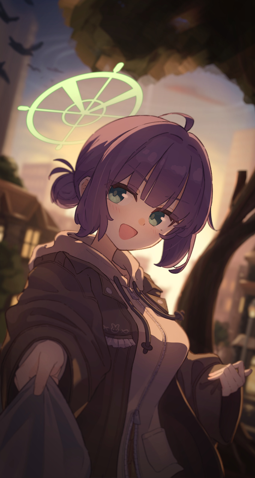 1girl :d absurdres ahoge alternate_costume bird blue_archive blue_sky blurry blurry_background brown_jacket building commentary english_commentary from_side green_eyes green_halo grey_jacket hair_bun halo highres holding hood hooded_jacket incoming_object jacket long_sleeves looking_at_viewer looking_to_the_side open_mouth orange_sky purple_hair ring_of_light_(blue_archive) saki_(blue_archive) single_hair_bun sky sleeves_past_wrists smile solo sunset tree uber_(29131626) updo upper_body wide_sleeves zipper