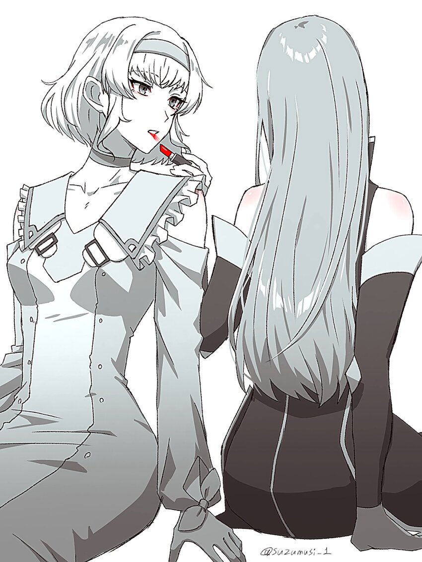 2girls bare_shoulders breasts choker collarbone commentary_request cosmetics cowboy_shot detached_sleeves dress from_behind gloves hairband highres holding holding_lipstick_tube lipstick_tube long_hair looking_at_another medium_breasts multiple_girls natalia_luzu_kimlasca_lanvaldear parted_lips red_lips short_hair sitting sleeveless sleeveless_dress suzumusi_1 tales_of_(series) tales_of_the_abyss tear_grants wrist_bow