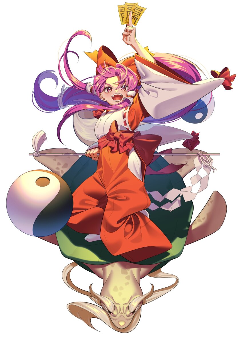 1girl absurdres arm_up clothing_cutout commentary_request detached_sleeves full_body gohei guumin hakama hakama_pants hakurei_reimu hakurei_reimu_(pc-98) highres hip_vent holding holding_gohei holding_ofuda japanese_clothes kimono long_hair long_sleeves ofuda open_mouth orb pants purple_eyes purple_hair red_hakama red_pants ribbon-trimmed_sleeves ribbon_trim sidelocks socks solo teeth touhou touhou_(pc-98) turtle very_long_hair white_kimono white_socks wide_sleeves yin_yang yin_yang_orb
