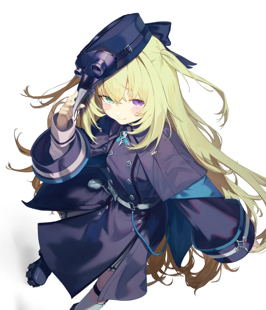 1girl absurdres belt black_coat black_hat blonde_hair blush boots bow clock closed_mouth coat from_above gloves green_eyes hat highres issun_boushi_(taku37taku) long_hair looking_at_viewer mementovanitas multicolored_eyes plague_doctor_mask purple_eyes riot_music short_twintails simple_background smile solo twintails virtual_youtuber white_background