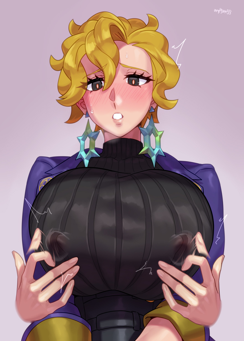 2girls blonde_hair blush breasts briar_(pokemon) collared_jacket corset covered_erect_nipples earrings gigantic_breasts grabbing_from_behind jacket jewelry mizuumi_(bb) multiple_girls nintendo nipple_stimulation pokemon purple_jacket reach-around ribbed_sweater sweater sweater_under_jacket turtleneck turtleneck_sweater