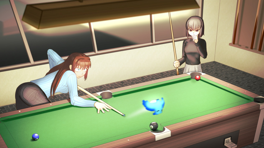 2girls aozaki_aoko ass ball billiard_ball billiards black_eyes black_hair blue_fire breasts brown_hair closed_mouth cue_stick dantonphanton dress fire green_eyes highres holding holding_cue_stick kuonji_alice large_breasts long_hair long_sleeves magic mahou_tsukai_no_yoru multiple_girls pool_table short_hair skirt surprised sweater table thinking window