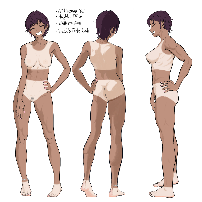 1girl absurdres anklet ass barefoot breasts character_name closed_eyes commentary_request dark-skinned_female dark_skin english_text female_pubic_hair full_body highres jewelry jsnxing muscular muscular_female navel nipples nishikawa_yui_(jsnxing) nude original pubic_hair pussy reference_sheet short_hair smile solo tan tanline tomboy white_background