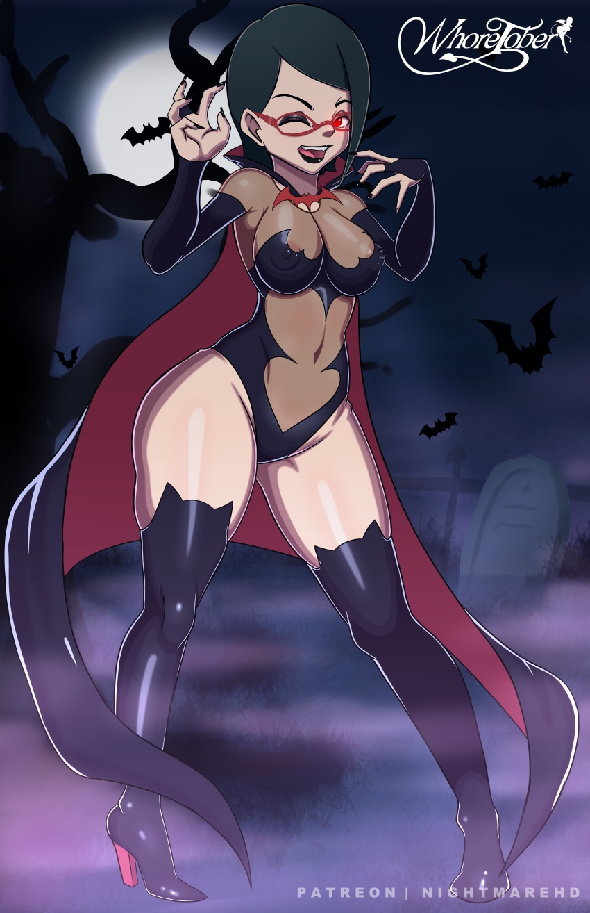1girl aged_up alternate_costume areola_slip artist_name bare_hips black_boots black_cape black_eyeshadow black_hair black_leotard black_lips black_nails boots boruto:_naruto_next_generations breasts cape covered_erect_nipples eyelashes eyeshadow fangs female_focus fingernails full_body glowing glowing_eyes hands_up high_heel_boots high_heels highleg highleg_leotard large_breasts leotard lips lipstick long_fingernails looking_at_viewer makeup nail_polish naruto_(series) night night_sky nightmare_hdraw one_eye_closed outdoors red_cape red_eyes short_hair sky smile solo standing teeth thigh_boots two-tone_cape uchiha_sarada upper_teeth_only vampire_costume variant_set wide_hips