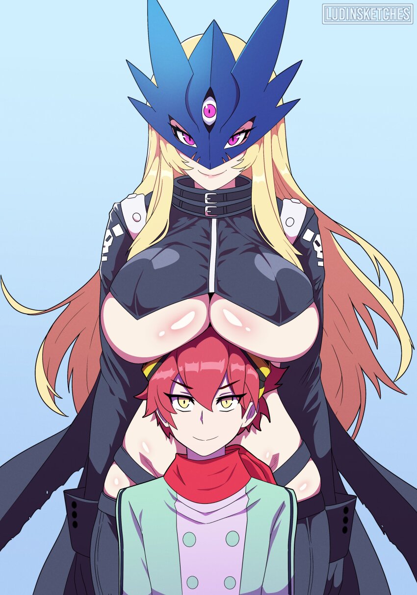 1boy 1girl absurdres beelstarmon between_breasts black_coat blonde_hair blue_background breast_rest breasts breasts_on_head brown_hair coat cowboy_shot digimon digimon_(creature) digimon_story:_time_stranger g-string goggles goggles_on_head green_jacket hetero highres jacket large_breasts long_hair ludinsketches multicolored_jacket purple_eyes red_scarf scarf short_hair simple_background size_difference smile standing tall_female third_eye thong two-tone_jacket underboob upper_body whale_tail_(clothing) white_jacket wide_hips yellow_eyes yuuki_dan