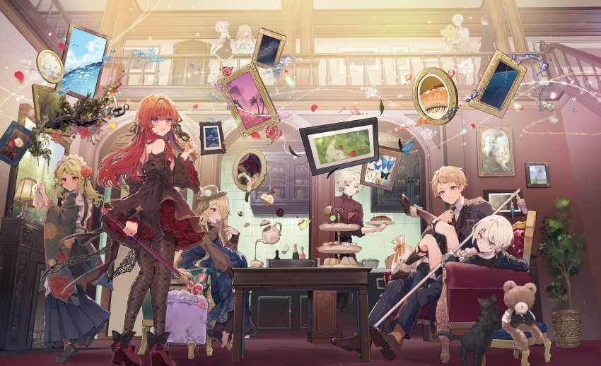 5boys 5girls absurdres alcohol anna_(ikeuchi_tanuma) apron astel_(ikeuchi_tanuma) bare_shoulders belt black_belt black_butterfly black_cat black_dress black_hat black_ribbon black_socks black_suit black_vest blonde_hair blue_bow blue_butterfly blue_eyes blue_kimono board_game boots bouquet bow branch bread brown_hair bug butterfly cake cake_slice cat chair champagne chef cherry chess chess_piece cloud cloudy_sky colorpoint_(pattern) commentary couch cup cupcake donut dress earrings eating edel_(ikeuchi_tanuma) fireplace floating floating_object flower food footwear_bow formal_clothes frilled_skirt frills frown fruit garden glass green_dress green_hair hat head_ornament heart high_heels highres holding holding_staff ikeuchi_tanuma insect japanese_clothes jewelry kimono kitchen leaf leon_(ikeuchi_tanuma) light_blush light_particles light_rays light_smile living_room loic_valentz long_hair long_skirt long_sleeves looking_at_viewer macaron maid_apron maid_headdress melvin_(ikeuchi_tanuma) mixing_bowl mole mole_under_eye multi-tied_hair multiple_boys multiple_girls nail_polish nakai_(waitress) necktie open_mouth original petals picture_frame pie pie_slice plant plate pointy_ears potted_plant pudding puffy_sleeves purple_butterfly purple_eyes red_butterfly red_eyes red_flower red_hair red_necktie red_petals red_rose ribbon rije_(ikeuchi_tanuma) rose rosette_(ikeuchi_tanuma) rudy_(ikeuchi_tanuma) sandwich shirt short_hair siamese_cat skirt sky smile socks sparkle staff stairs step_stool strawberry strawberry_shortcake stuffed_animal stuffed_toy suit table tea teacup teapot teddy_bear thighhighs tiered_tray tino_ashberry under_table vest water white_bow white_butterfly white_dress white_hair white_shirt white_suit wooden_table yellow_necktie yellow_shirt