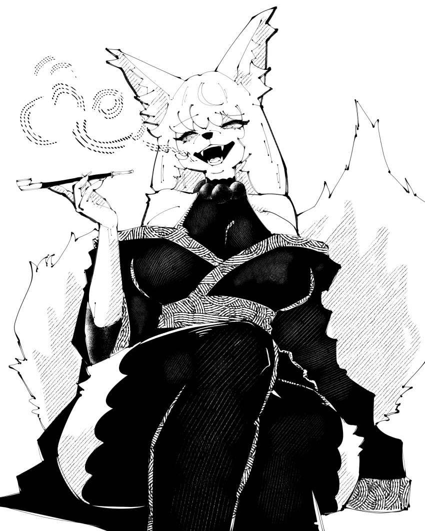 1girl absurdres animal_ear_fluff animal_ears animal_nose bare_shoulders breasts commentary commission english_commentary facing_viewer fangs fox_ears fox_girl furry furry_female greyscale highres holding holding_smoking_pipe japanese_clothes kimono large_breasts looking_to_the_side medium_hair miregeist monochrome open_mouth original simple_background sitting smile smoking smoking_pipe solo thighhighs white_background
