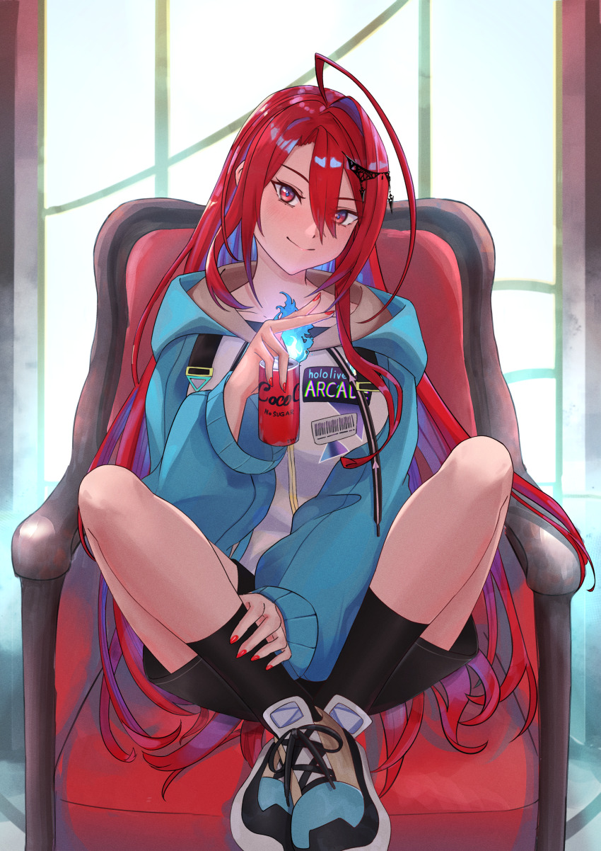 1girl absurdres ahoge alternate_costume black_shorts black_socks blue_fire blue_hair blue_hoodie can casual chair commentary drink_can elizabeth_rose_bloodflame fire fire_on_chest hair_between_eyes head_tilt highres holding holding_can hololive hololive_english hood hood_down hoodie jininwop light_blush long_hair looking_at_viewer multicolored_hair nail_polish on_chair red_eyes red_hair red_nails shoes shorts sitting sneakers socks soda_can solo symbol-only_commentary two-tone_hair very_long_hair virtual_youtuber window