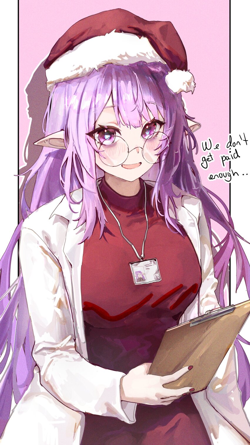 1girl breasts clipboard coat eepy_sleepy glasses hat lab_coat large_breasts looking_at_viewer mn374390 name_tag phase_connect pointy_ears purple_eyes purple_hair santa_hat sweater tagme virtual_youtuber