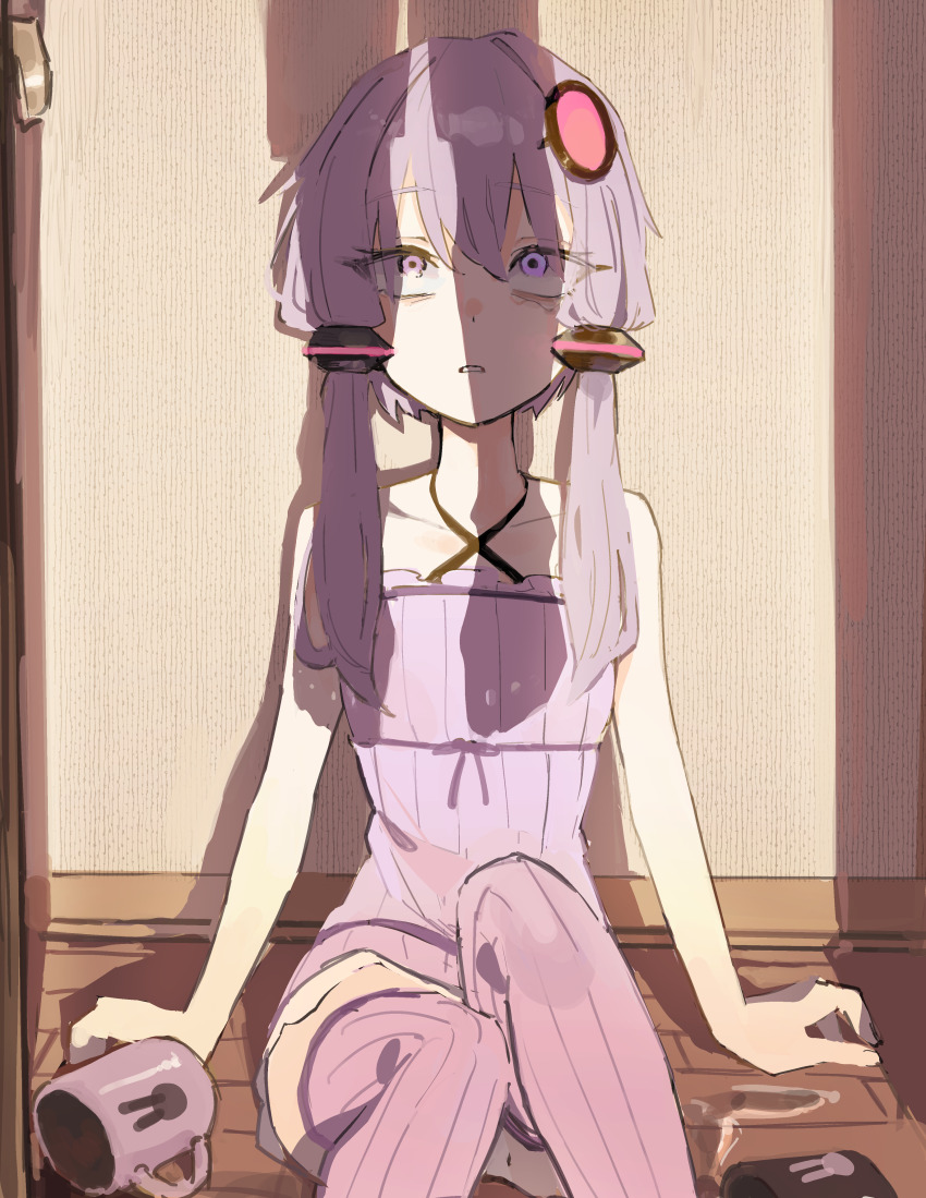 1girl 1other absurdres commentary criss-cross_halter cup dress feet_out_of_frame hair_ornament halterneck hanged highres long_hair low_twintails master_(vocaloid) on_floor purple_dress purple_eyes purple_hair purple_thighhighs shadow sitting spilled_milk suicide thighhighs twintails uranosebi vocaloid yuzuki_yukari