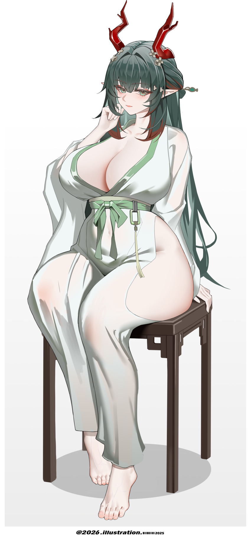 1girl absurdres alternate_breast_size_(larger) arknights arknights:_endfield breasts chinese_clothes cleavage commentary_request dragon_girl dragon_horns dragon_tail eastern_dragon_horns eastern_dragon_tail gradient_background green_eyes grey_hair hanfu highres horns large_breasts long_hair pointy_ears simple_background sitting solo tail toes white_background yat_(tsmn7245) zhuang_fangyi_(arknights)