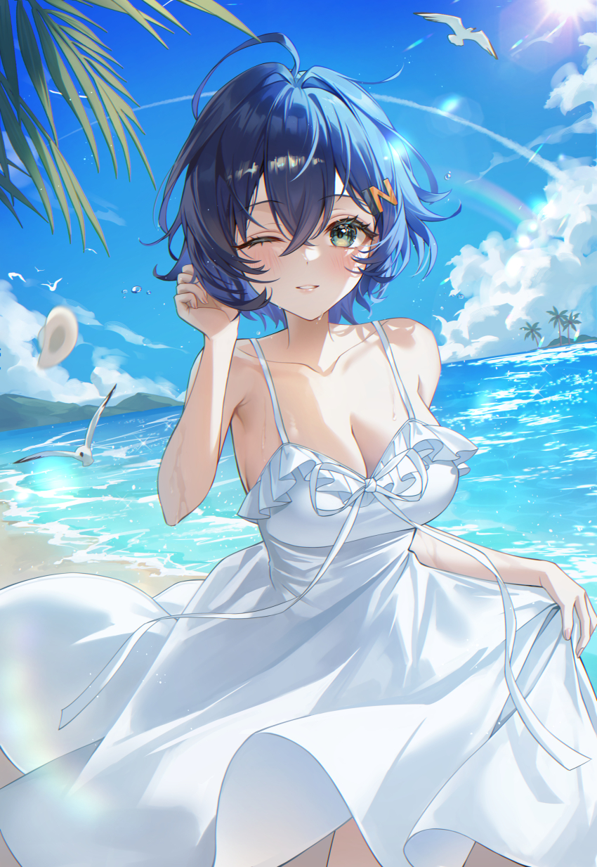 1girl absurdres alternate_costume bare_shoulders beach belle_(zenless_zone_zero) bird blue_hair blue_sky breasts cleavage cloud commentary crossed_bangs dress english_commentary green_eyes hat highres looking_at_viewer mella_(mell_a12) ocean one_eye_closed outdoors parted_lips rainbow short_hair sky sleeveless sleeveless_dress solo spaghetti_strap sun_hat sundress unworn_hat unworn_headwear wet white_dress white_hat zenless_zone_zero