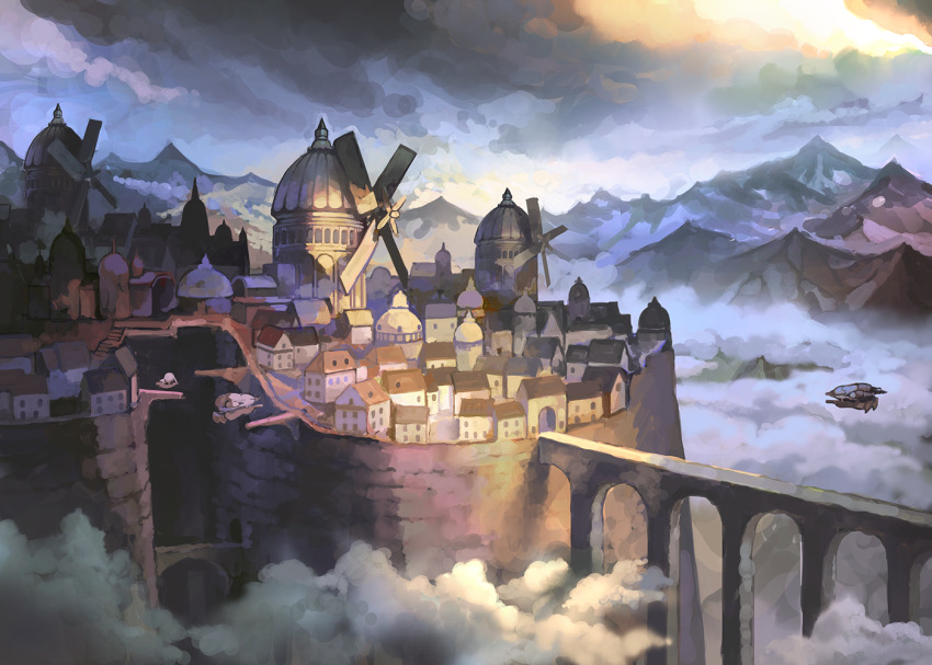 arch bridge building cloud commentary_request day dome fantasy fog mountain no_humans original outdoors overcast scenery sky somei_yoshinori town