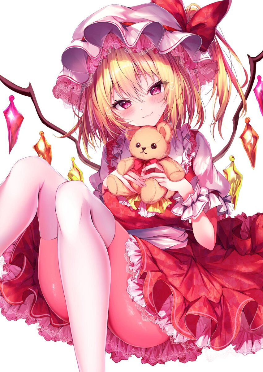 1girl ascot blonde_hair closed_mouth collared_shirt commentary crystal_wings fingernails flandre_scarlet frilled_shirt_collar frills hat highres holding holding_stuffed_toy looking_at_viewer mob_cap multicolored_wings nenobi_(nenorium) one_side_up pink_eyes puffy_short_sleeves puffy_sleeves red_skirt red_vest shirt short_hair short_sleeves sitting skirt skirt_set smile stuffed_animal stuffed_toy teddy_bear thighhighs touhou vest white_background white_hat white_shirt white_thighhighs wings yellow_ascot