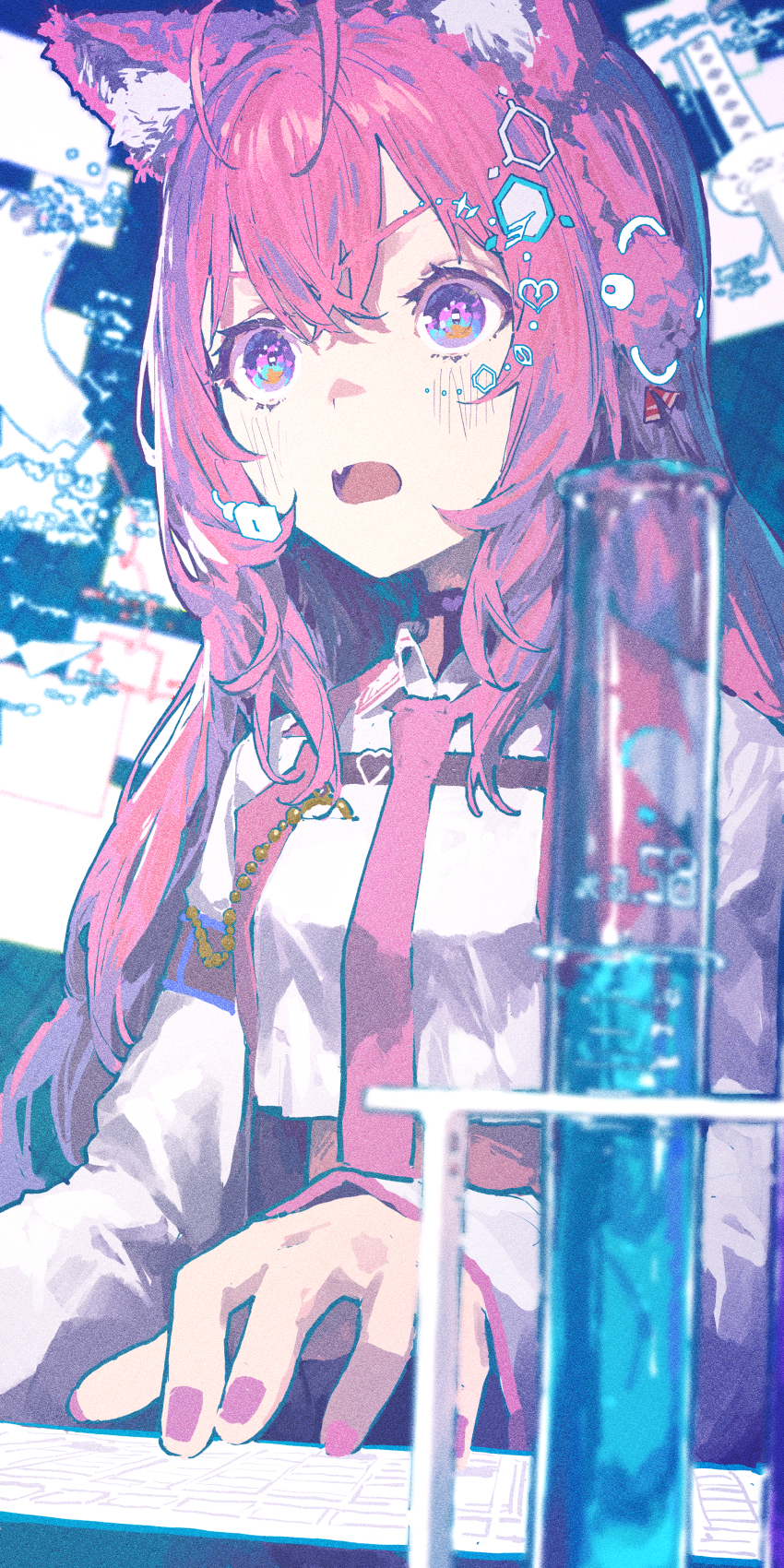 1girl absurdres ahoge animal_ear_fluff animal_ears chemical_structure choker clock collar commentary_request fang hair_bun hair_ornament hakui_koyori hakui_koyori_(1st_costume) heart hexagon_hair_ornament highres hololive lab_coat long_hair nail_polish necktie open_mouth pink_hair pink_nails pink_necktie shiloroshi skin_fang solo very_long_hair virtual_youtuber wolf_ears wolf_girl
