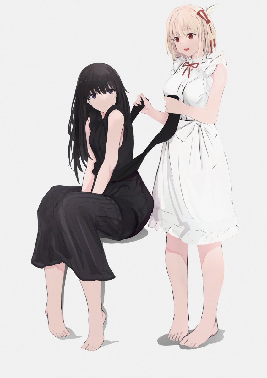 2girls a_(c3einycggcevevf) absurdres bare_shoulders black_dress black_hair blonde_hair breasts closed_mouth commentary dress highres inoue_takina long_hair lycoris_recoil medium_breasts multiple_girls nishikigi_chisato open_mouth purple_eyes red_eyes short_hair simple_background sleeveless sleeveless_dress smile white_background white_dress