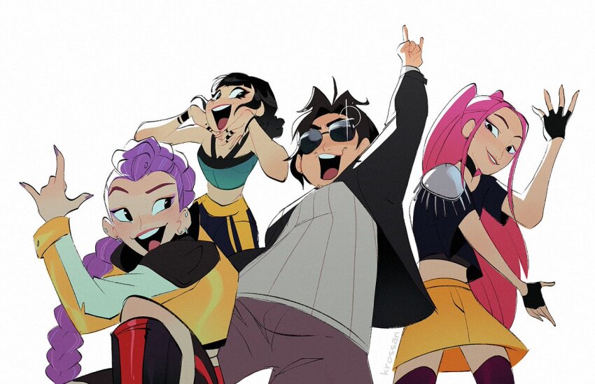 1boy 3girls arm_up black_gloves black_hair bobby_(kpop_demon_hunters) boots braid braided_ponytail choker commentary crop_top fingerless_gloves glint gloves halterneck jacket kpop_demon_hunters krossan looking_at_viewer mira_(kpop_demon_hunters) multiple_girls open_mouth pink_hair purple_hair rumi_(kpop_demon_hunters) sidelocks simple_background smile twintails white_background zoey_(kpop_demon_hunters)