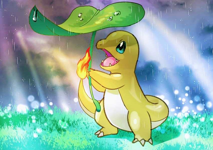 charmander claws commentary_request fire flame-tipped_tail full_body gen_1_pokemon grass green_eyes highres leaf_umbrella nintendo no_humans omega_takai open_mouth outdoors pokemon pokemon_(creature) rain solo standing tail water_drop