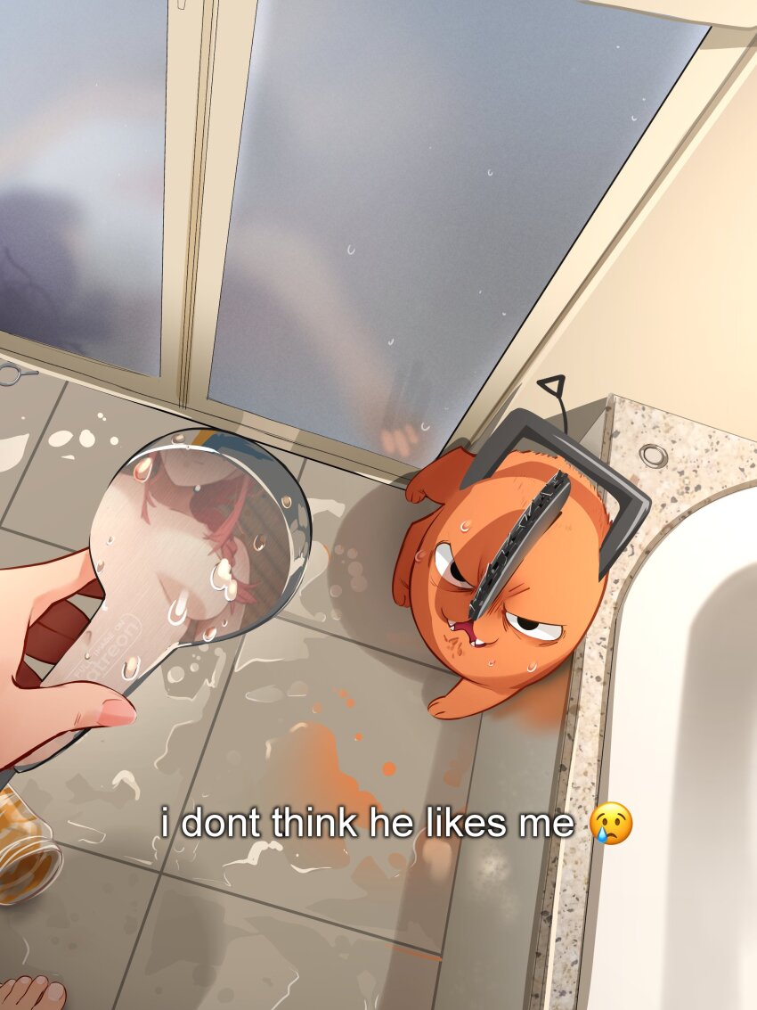 2girls absurdres bathroom breasts chainsaw_man convenient_censoring emoji english_text female_pov fingernails grenade_pin highres holding holding_shower_head indoors khyle. makima_(chainsaw_man) medium_breasts multiple_girls nude peanut_butter pochita_(chainsaw_man) pov reflection reze_(chainsaw_man) shower_head subtitled water