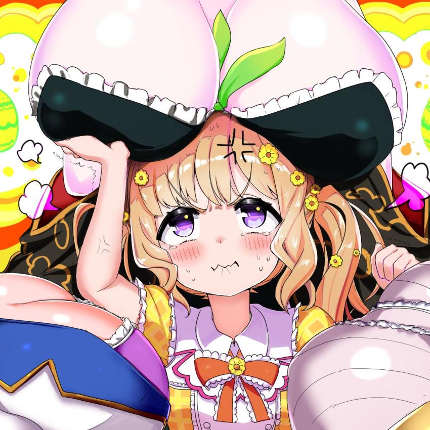 anger_vein blonde_hair breasts flower flower_knight_girl green_hairband hair_flower hair_ornament hairband highres large_breasts purple_eyes smother solo_focus sweat tagme twintails usagigiku_(flower_knight_girl)