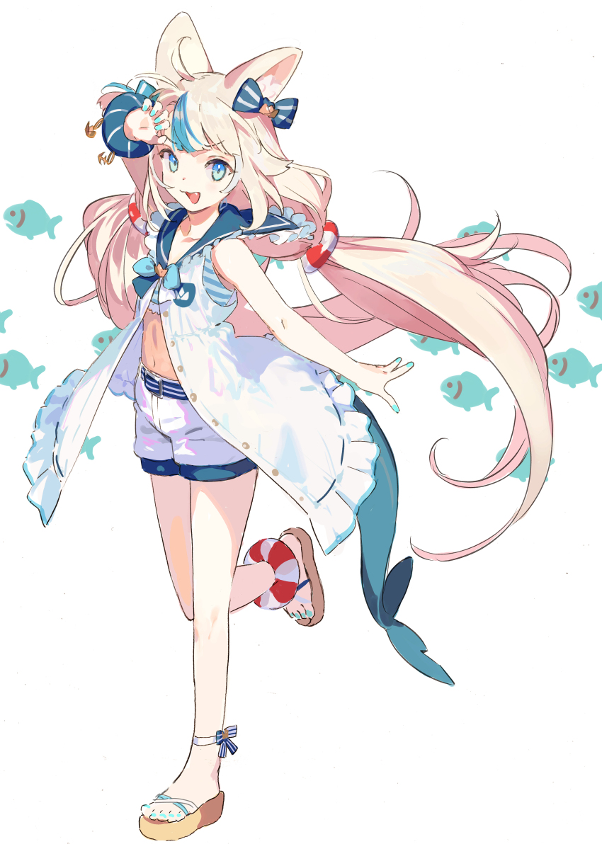 1girl :d absurdres ahoge animal_ears arm_up bikini blonde_hair blue_bikini blue_bow blue_collar blue_eyes blue_hair blue_nails blue_streaks blunt_bangs bow cat_ears collar dress fang fins fish_girl fish_tail frilled_bikini frilled_shirt_collar frills full_body hair_bow highres indie_virtual_youtuber lifebuoy_hair_ornament long_hair looking_at_viewer low_twintails multicolored_hair nail_polish navel one_side_up open_mouth pako_(pakosun) sailor_collar sailor_dress sameko_saba sameko_saba_(1st_costume) sandals short_shorts shorts simple_background sleeveless sleeveless_dress smile solo streaked_hair swimsuit tail toenail_polish toenails toes twintails very_long_hair virtual_youtuber white_background white_dress white_hair white_shorts white_streaks