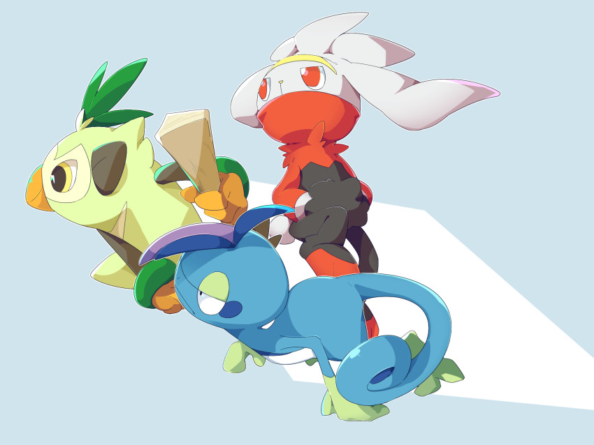 black_eyes closed_mouth commentary_request drizzile from_side frown gen_8_pokemon hands_in_pockets highres holding holding_stick kura_(shironagasu02) nintendo no_humans orange_eyes pokemon pokemon_(creature) raboot stick thwackey