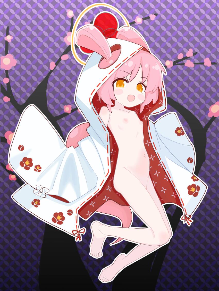 absurdres belly flat_chest fululu_(mamorukun_curse!) highres jigokudani_fululu loli mamorukun_curse! naked_parka nipples open_mouth orange_eyes pink_hair shirt smile solo